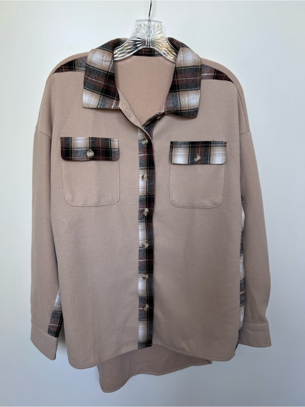 Beige Long-Sleeve Plaid Trim women’s Shirt Jacket